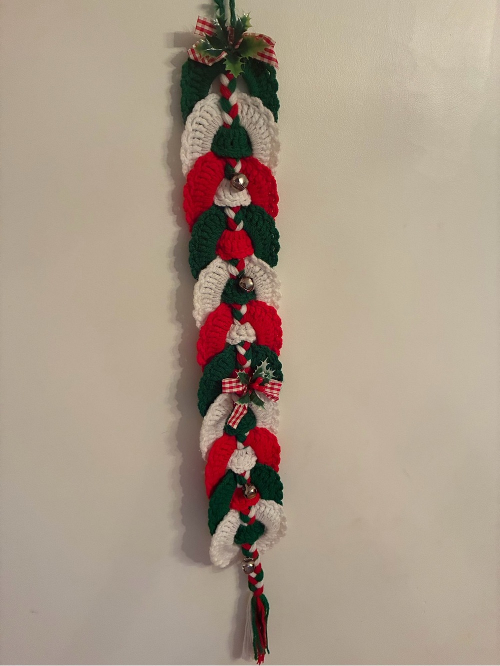 Vintage Hand Crochet Christmas Door Hanger Jingle Bells Garland Holiday Decor